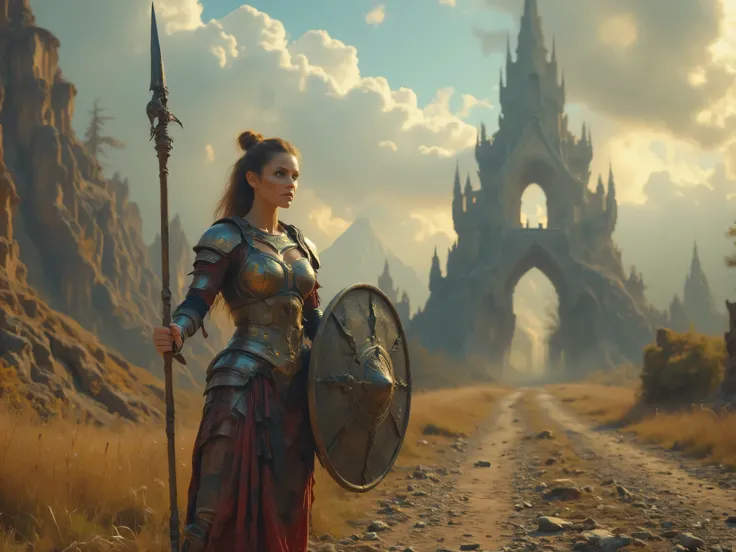Solo female character, black long hair, blue eyes, pale white skin, standing in the middle of a gravel road, High Details, Parted Lips, Cinematic, Digital Art, the landscape is of an dystopian fantasy setting, ruins, she has torn grey and red fantasy cloth...