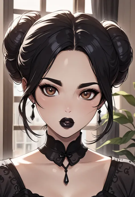 ((Perfect Face, Black Hair Bun, Brown Eyes, Black Thick Lips, Female Beautiful)), (Anime Girl, Illustration, Drawn, Portrait, Solo)