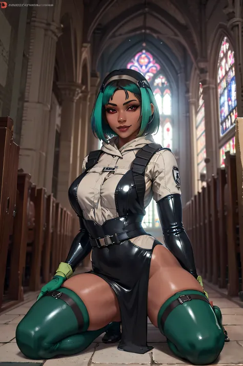 nunomi,multicolored hair, ,shiny skin, fang, dark skin, red eyes, green thighhighs,evil smile, halo, shiny skin, dress, latex, large breasts, thick thighs, ,kneeling, (church), elbow gloves, mature male, multiple boys, netorare,ela_(rainbow_six_siege), mas...