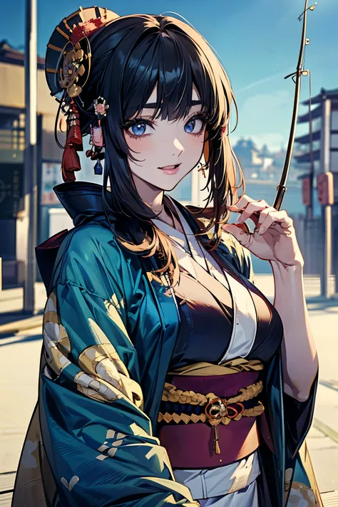 (masterpiece:1.5),beautiful hair,beautiful eyes,Beautiful slender body,(Konno Anna:1.2),(Riho Yoshioka:1.1),(closes her eyes and sticks out her tongue:1.3),(Waterfront:1.4),bust illustration from the front ,Cleavage,((((An Extraordinary Beauty:1.7)))),((((...