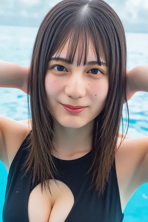 ((( High Resolution , top quality, very well detailed, masterpiece ,  highly detailed photos , realistic , Real people , Ultra precise skin ))) ,    , (   from the front  ) , full body ,  Advance Shot ,  Viewer , ( giggle face ) , { wearing the diving suit...