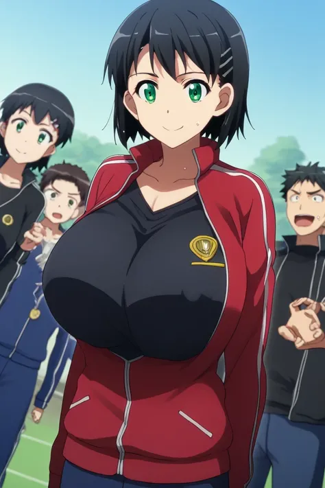  score_9,  score_8_ arriba,  score_7_ arriba,    source  _anime,  soon Kirigiya ,  Kirigaya Naoha  ,  short hair during a business trip,  black hair,  hair ornament,  hair clips,   green eyes , smile,   jacket ,  Bermuda, short  Bermuda, blue  Bermuda, tra...