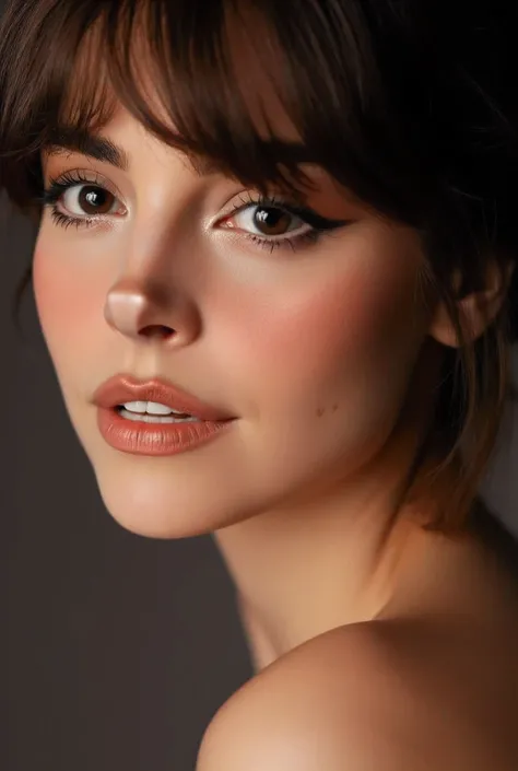 a close up shot of a brunette's face, detailed facial features, warm expression, serene posture, medium skin tone, delicate jawline, high-resolution,professional portrait,studio lighting,high-quality,ultra-detailed,(photorealistic:2),(natural skin tones:2)...