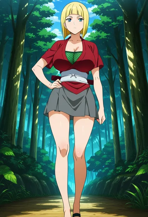 masterpiece, Very awa , better quality,  absurdres, highres, cinematic light, a girl,  cold_, short hair, blond hair, blunt bangs, blue eyes, big breasts, neckline,   fishing nets , red top, ninja, gray skirt, irregular lines, short sleeves,  Japanese clot...