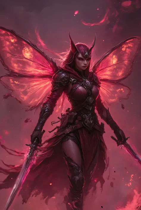 A humanoid moth warrior with a slender body covered with a silky coat on shades of crimson red. Their big black eyes, shiny as obsidian, they reflect moonlight, giving it an enigmatic and almost hypnotic aspect. From its head there are two long segmented a...