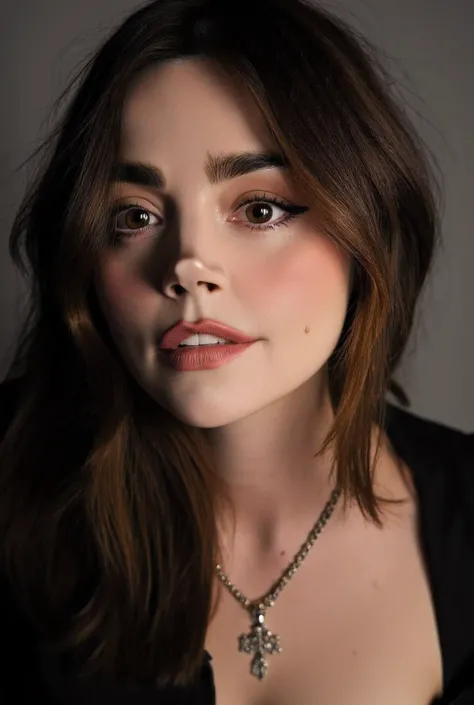 a close up shot of a brunette, detailed facial features, warm expression, serene posture, medium skin tone, delicate jawline, high-resolution,professional portrait,light goth makeup,studio lighting,high-quality,ultra-detailed,(photorealistic:2),(natural sk...