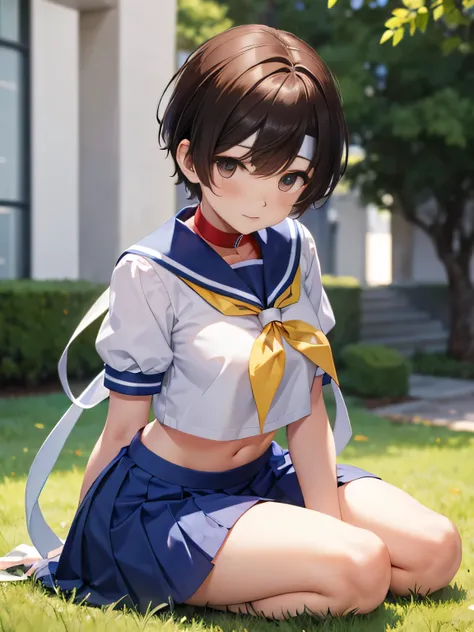 arms between legs,kneeling,from below,blush,blue skirt, crop top,miniskirt,yellow neckerchief, navel, sailor collar, school uniform, short sleeves,white shirt, white headband, red gloves,brown hair, short hair