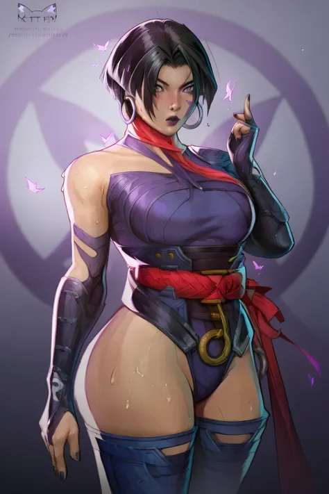 Top quality, exquisitely designed, Masterpiece ,detailed textures, Realistic lighting, perfect detailed face, Psylock's perfectly detailed body, marvelrivals .bare shoulders, purple nails . tight purple swimsuit, high-top boots , with high cutouts on the...