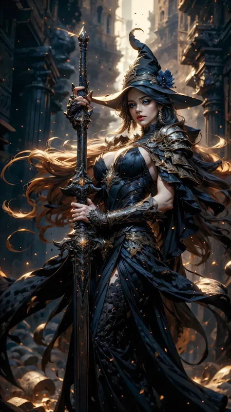 A close-up, dynamic angle ray-traced image of a witch, rendered in fractal art style (quality score 1.3), exhibiting extreme detail. The blond hair witch, a middle-aged woman of Mediterranean descent with olive skin and sharp, angular features, wears a wi...