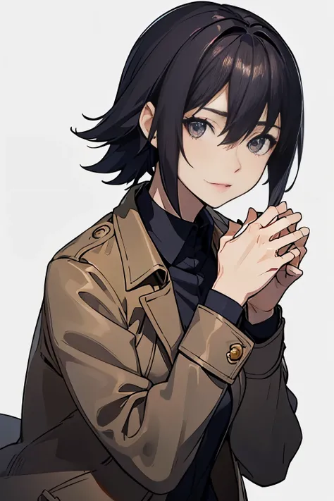 (((Anime style, highest quality, Ultra HD, 8K CG, high resolution))), ((Beautiful face: 1.2, Beautiful hands, Perfect hands: 1, Perfect and delicate limbs)), (standing, upper body:0.4, Simple background), Woman wearing a black Inverness coat and a yellow t...