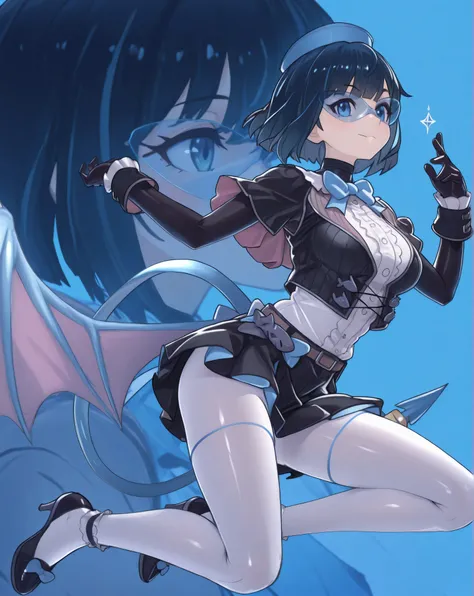 3dmm,Masterpiece,best quality, evil twin lil la:1.0, evil twin lil la outfit:1.0, white pantyhose with blue line, anime 3D art style, silky clothes, bright colors,highly detailed,expressive facial features,dynamic pose,4k resolution,Arnold rendering master...