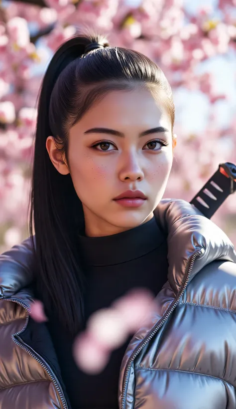 Create a breath takin hyper realist portrait of a slim 16-year-old female ninja, embodying the ethereal essence of 'Freezing the Moment of Your Cherry Blossom Dream.' She stands beneath a blooming cherry blossom tree, its delicate pink petals cascading aro...