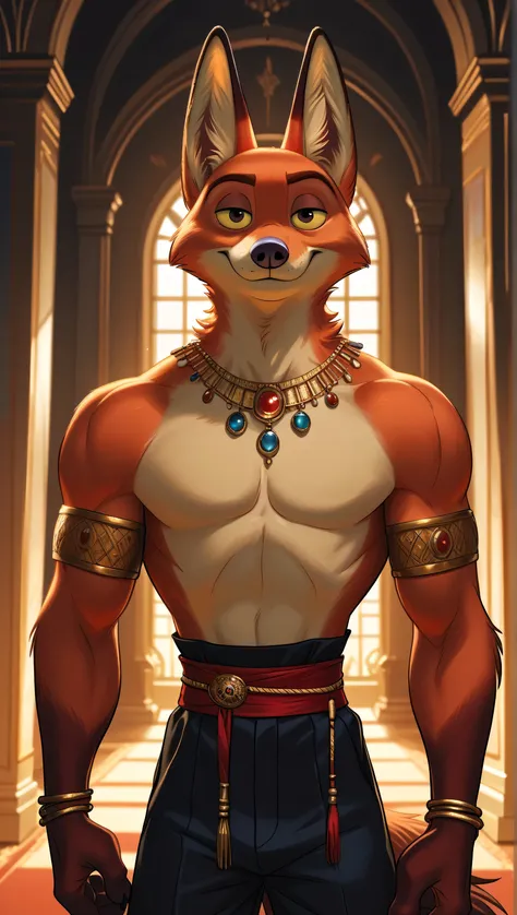 NickWilde fox brown eyes, yellow sclera, solo, detailed, detailed face, black eyes, anthro body, male, adult, muscular, cartoon shading, cel shaded:1.0, flat colors, (no background, white background):1.5, shirtless, wfa style, negger style, cartoony anatom...