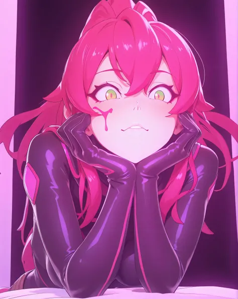 3dmm,Masterpiece,best quality, evil twin ki sikil:1.0, evil twin ki sikil outfit:1.0, black nylon bodystocking, anime 3D art style, silky clothes, bright colors,highly detailed,expressive facial features,dynamic pose,4k resolution,Arnold rendering masterpi...