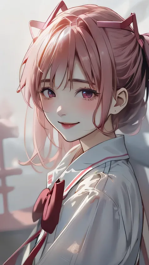 best lighting:1.3, light like dream, 1girl, char_kaname_madoka_128dim, upper body, smile, looking at viewer, Ruffled Collar:1.3, Pullover blouse with many frill:1.3, pink thick fog:1.2, pink foggy background,  (absurdres, masterpiece, 8K)
