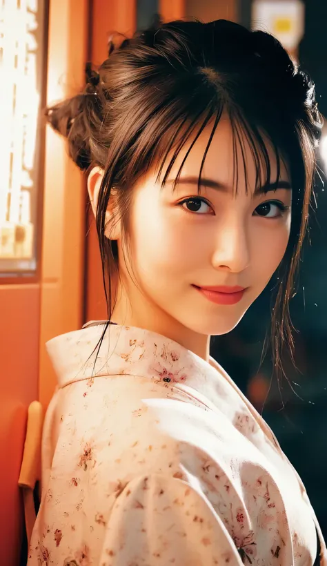 Utamaro's Ukiyo-e 、Beautiful Ukiyo-e composition、HD、4K、8k、16k、Woman 1、super high resolution、detailed description、A kimono with a bright white floral pattern that looks like art、(川沿いのライトupされた鮮やかな桜を見ている)、A work like the culmination of Ukiyo-e、 color differen...
