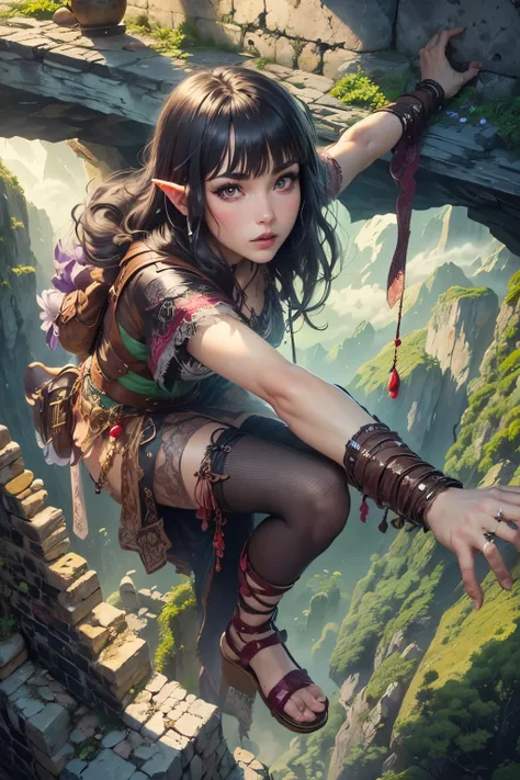(Ultra-detailed face, Looking away, Gothic Illustration, Dark tone colors. She has five fingers on her hands and five toes on her feet.), BREAK
(Spring daytime when the sun shines brightly. A haze hangs in the air. Ancient stone ruins that create a myster...