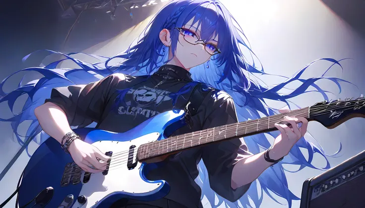 rimless metal frame glasses、punk rock style、Ultramarine Hair、electric guitar、Heavy metaband guitarists、shiny hair, low-braided long hair