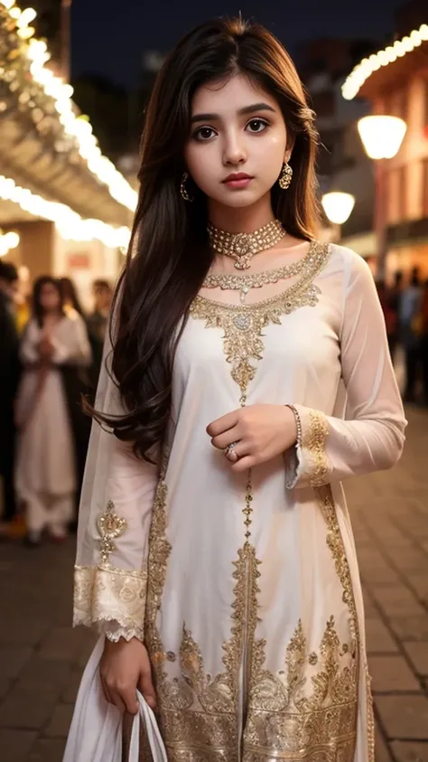 Small pakistani girl wearing sharara small girl , detailed her eyes looking viewer, detailed sharara and suit,  standing girl, night background wedding light, detailed sharara, small innocent girl 
