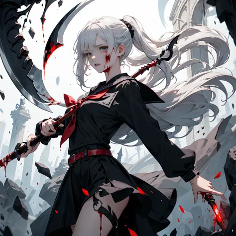 1girl,best details、Top Quality、masterpiece、milky white hair color、 Unique Hairstyles、black sailor suit、Giant Scythe、has a red and black scythe with decorations applied、vampire hunter、 Return Blood、Blood is falling from the blade、 best composition、dynamic、W...