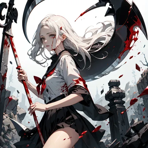 1girl,best details、Top Quality、masterpiece、milky white hair color、 Unique Hairstyles、black sailor suit、Giant Scythe、has a red and black scythe with decorations applied、vampire hunter、 Return Blood、Blood is falling from the blade、 best composition、dynamic、W...
