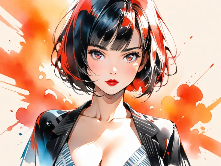 1girl, solo, bob cut, short hair, portrait, closed mouth, looking at viewer, watercolor \(medium\), lips, hatching \(texture\), red lips, shiny skin, perfect breasts, cleavage, plunging neckline, style retro classic, illustrated anime,