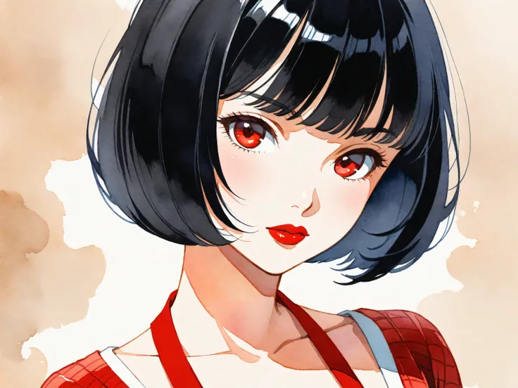 1girl, solo, bob cut, short hair, portrait, closed mouth, looking at viewer, watercolor \(medium\), lips, hatching \(texture\), red lips, shiny skin, perfect breasts, cleavage, plunging neckline, style retro classic, illustrated anime, 