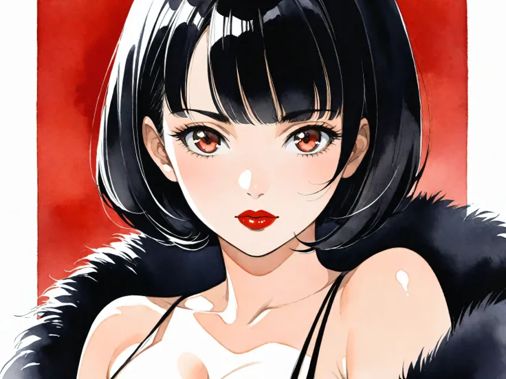 1girl, solo, bob cut, short hair, portrait, closed mouth, looking at viewer, watercolor \(medium\), lips, hatching \(texture\), red lips, shiny skin, perfect breasts, cleavage, plunging neckline, style retro classic, illustrated anime,