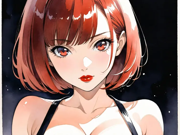 1girl, solo, bob cut, short hair, portrait, closed mouth, looking at viewer, watercolor \(medium\), lips, hatching \(texture\), red lips, shiny skin, perfect breasts, cleavage, plunging neckline, style retro classic, illustrated anime,
