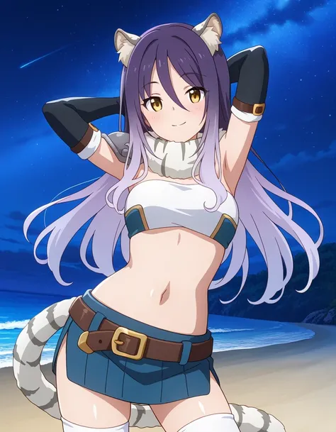 shiori, game screencap, long hair, hair between eyes, multicolored hair, purple hair, light purple hair, yellow eyes, tiger ears, tiger tail
scarf, tube top, single shoulder pad, fur trim, midriff, elbow gloves, fingerless gloves, brown belt, blue skirt, w...