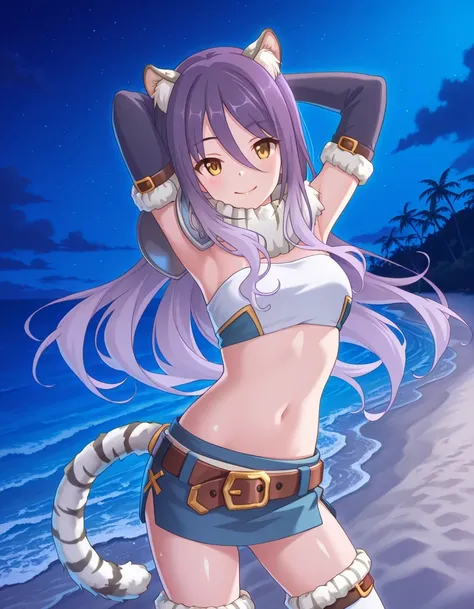 shiori, long hair, hair between eyes, multicolored hair, purple hair, light purple hair, yellow eyes, tiger ears, tiger tail, scarf, tube top, single shoulder pad, fur trim, midriff, elbow gloves, fingerless gloves, brown belt, blue skirt, white thighhighs...