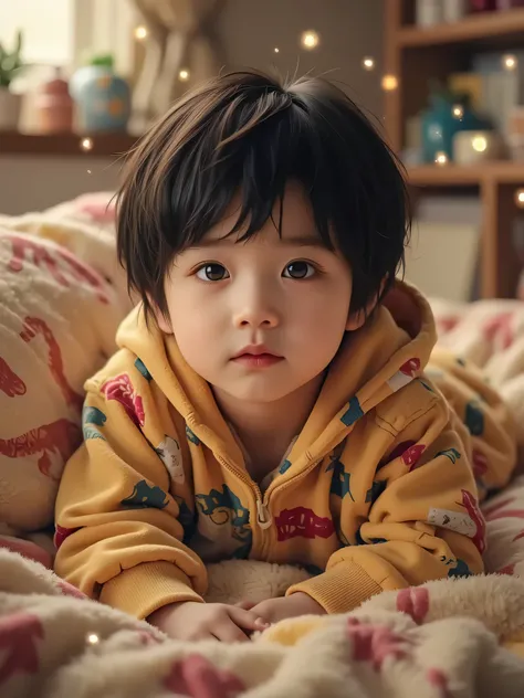 a cute little Korean boy with black hair in a Mullet cut, black eyes, wearing a dinosaur onesie, lying on a bed