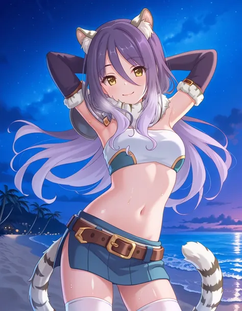 shiori, long hair, hair between eyes, multicolored hair, purple hair, light purple hair, yellow eyes, tiger ears, tiger tail, scarf, tube top, single shoulder pad, fur trim, midriff, elbow gloves, fingerless gloves, brown belt, blue skirt, white thighhighs...