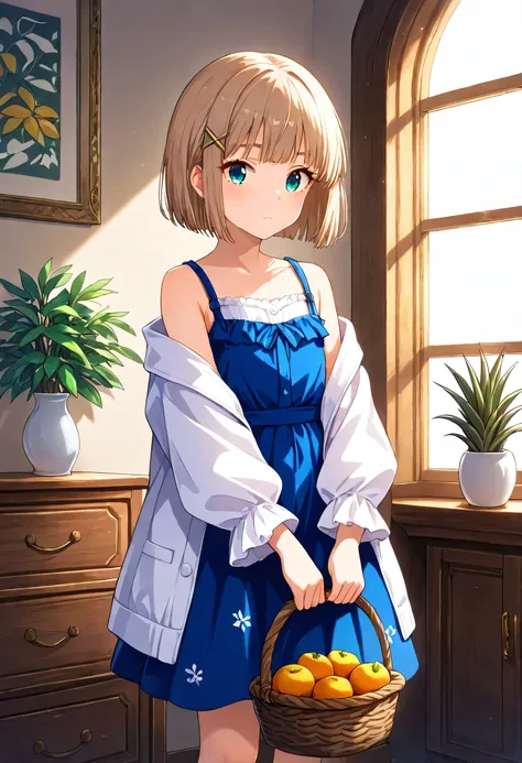 masterpiece, Highest quality, Absard dress, very aesthetic, general, 1 girl, solo, hair ornament, viewers, indoor, short hair, holding, hair clips, blue eyes,  window, , Bare Shoulder, bungs, plant, closed mouth, basket, long sleeve, clavicle, Off Shoulder...