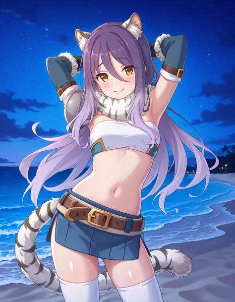 shiori, long hair, hair between eyes, multicolored hair, purple hair, light purple hair, yellow eyes, tiger ears, tiger tail, scarf, tube top, single shoulder pad, fur trim, midriff, elbow gloves, fingerless gloves, brown belt, blue skirt, white thighhighs...