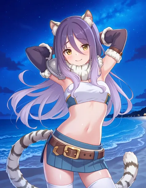 shiori, long hair, hair between eyes, multicolored hair, purple hair, light purple hair, yellow eyes, tiger ears, tiger tail, scarf, tube top, single shoulder pad, fur trim, midriff, elbow gloves, fingerless gloves, brown belt, blue skirt, white thighhighs...