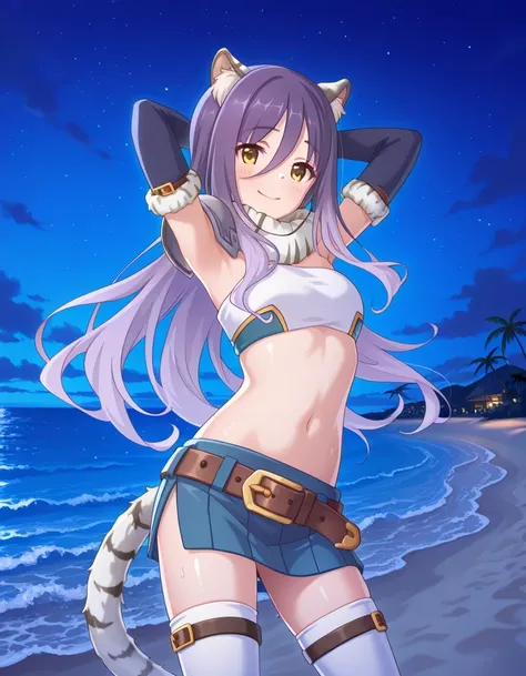 shiori, long hair, hair between eyes, multicolored hair, purple hair, light purple hair, yellow eyes, tiger ears, tiger tail, scarf, tube top, single shoulder pad, fur trim, midriff, elbow gloves, fingerless gloves, brown belt, blue skirt, white thighhighs...