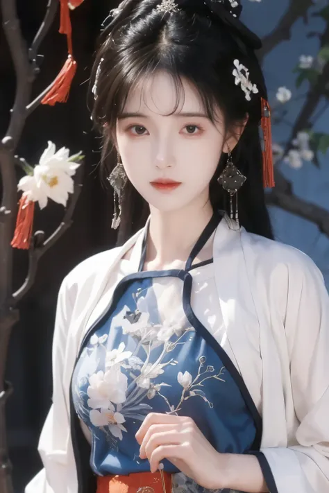 ( masterpiece, Top Quality, best quality, official art, beautiful and aesthetic:1.2), (1 Girl:1.3), flat chest, extremely detailed,(Fractal Art:1.1),(Flowers:1.3),Highest Detail,(dynamic pose), (background:1.3), (Traditional Chinese blue and white clothin...