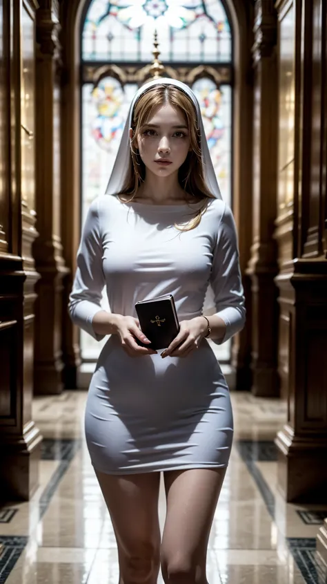 (Fraction _9,Fraction _8_ Direction _7_acima),A a woman,(((busto))), game character,Padre,Nun,cabelo,bible in hand,white clothes,golden decor, long legs,saia curta,Belle, PERSEPHONE
