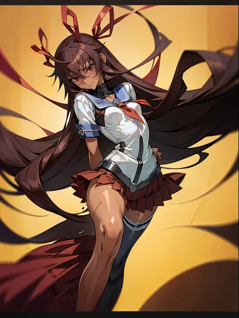 (Top Quality、masterpiece:1.2), female 1 person、 yukikaze, (brown skinned woman) Slender Woman、(Black high leg、black knee-high), Brown Long Hair、Red Eyes、red ribbon、red skirt、 (( Malicious Expression 、 's vulgar smile)) school background