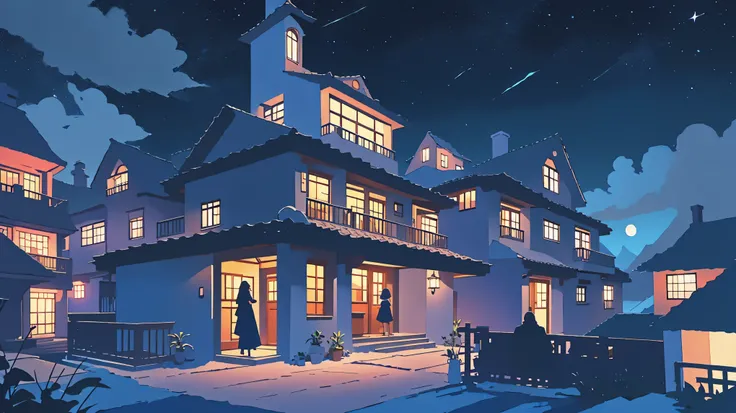 girl sitting on porch, While watching the night sky, fantasy world of the woman on the right