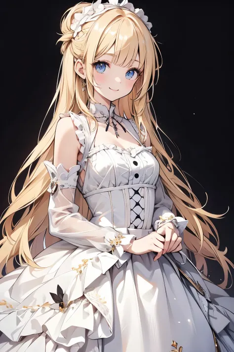 Blonde super delicate and pretty girl in a Lolita dress. 8K Ultra High Resolution, Delicate Texture, simple background.smile