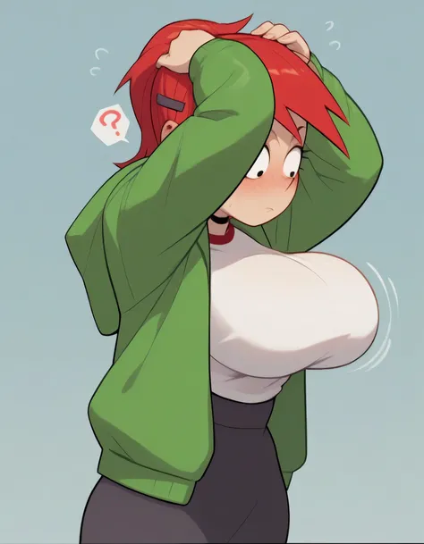 high quality,frankiefoster,Alone ,blush,a green jacket , white shirt, black shorts, thick thighs and thin waist,  fat ass, breasts,bursting  breasts, bouncing  breasts,Question mark,hands on the head,