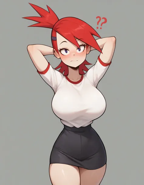Not suitable for work,high quality,frankiefoster,Alone ,blush,white shirt, black shorts, thick thighs and thin waist,  fat ass, breasts,bursting  breasts,(Question mark next to the head)hands behind the head,looking at the viewer,