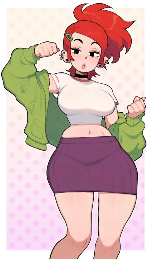 Masterpiece, better quality, Absurds, very aesthetic, a girl, Alone , slow down, red hair, hair ornament, ponytail, spiky ponytail, Beautiful hair, black eyes,  pinza , ear piercing, earrings, black choker, white shirt,  crop top, green jacket,  midriff, o...