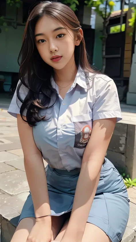 1girl, solo, 19 years old, (uniform), sits on something, detailed Metropolitan city at the background, portrait, thick breasts, semi-curvy body, smooth realistic skin, cute smirk, white shirt, grey blue short skirt, looking at the audience, high angle shot...