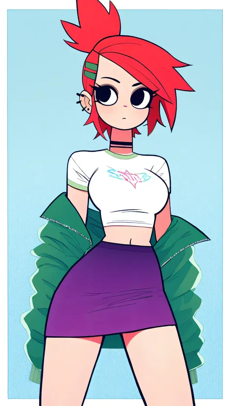 Masterpiece, better quality, Absurds, very aesthetic, a girl, Alone , slow down, red hair, hair ornament, ponytail, spiky ponytail, Beautiful hair, black eyes,  pinza , ear piercing, earrings, black choker, white shirt,  crop top, green jacket,  midriff, o...