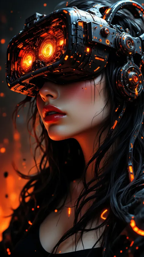 8k, Masterpiece, Top Quality, Low-angle, close-up, female, dark hair, steampunk, VR headset, glowing, orange, red, intricate, mechanical, serious, dynamic, fiery, futuristic, fantasy, detailed, sharp, contrast, dark, vibrant.
