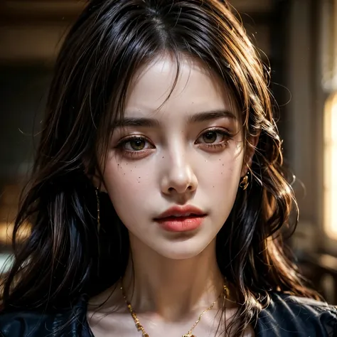 ((extreme quality)), ((Masterpiece)), ((Enrich the picture,Masterpiece level quality)), golden hair, long hair, very big breasts, golden eyes, fierce woman, ultra eyes details, RAW 4K, Realistically , ( cinematic lighting, moody, textile shading), perfect ...