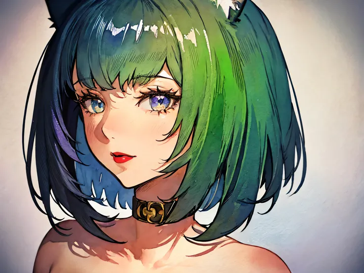1girl, solo, bob cut, short hair, cat ears, portrait, closed mouth, looking at viewer, watercolor \(medium\), lips, hatching \(texture\), red lips, shiny skin, perfect breasts, cleavage, plunging neckline, style retro classic, illustrated anime, 